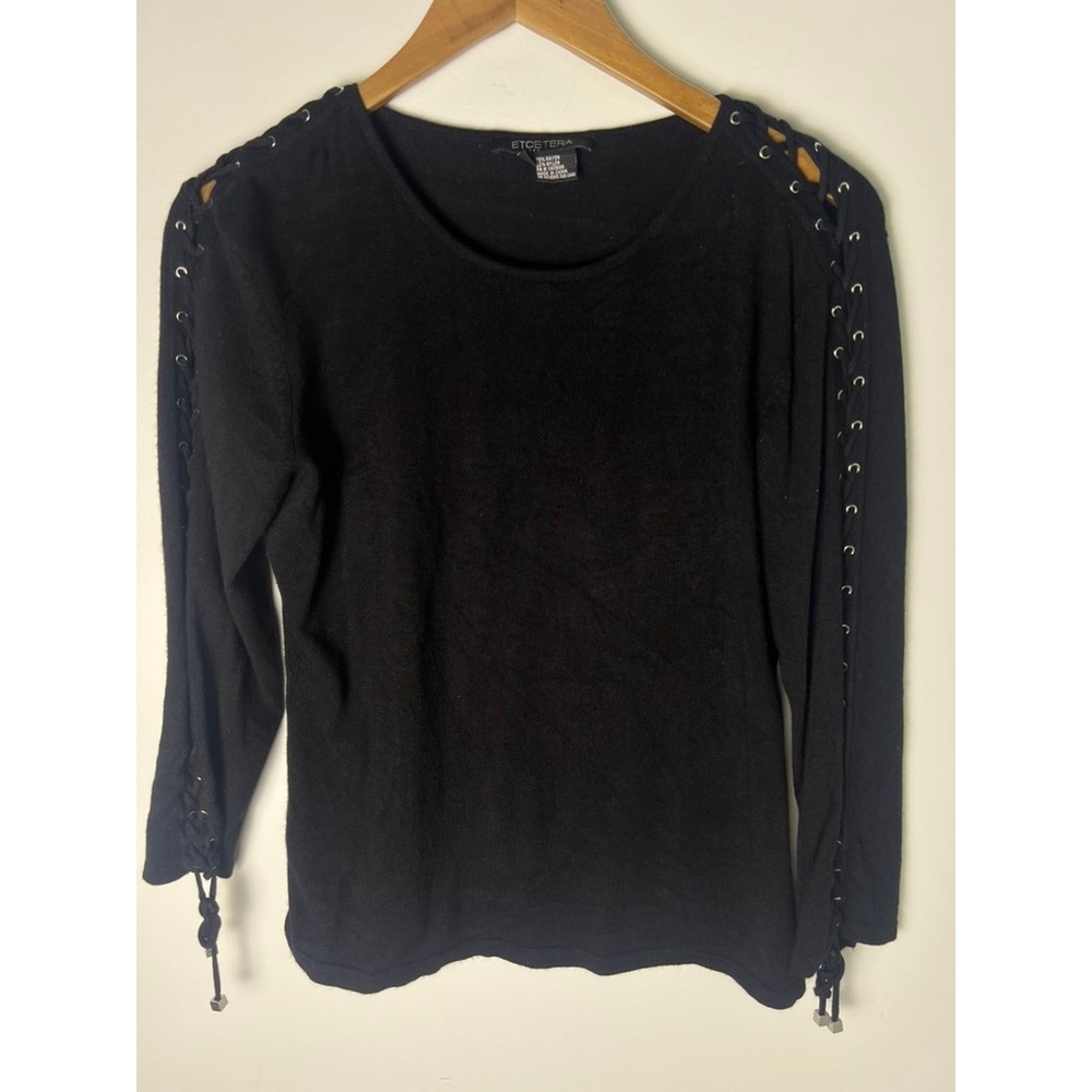 Etcetera Knit Sweater Wm M Black Lace‎ Up Grommet Sleeve Pullover Y2K Whimsigoth